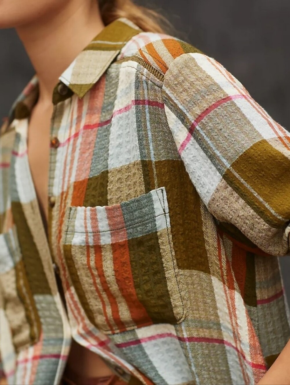 🆕️ Anthropologie Pilcro Side-Slit Plaid Maxi Tunic Buttondown Top 70s Grunge